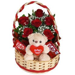 Cesto Premium 6 Rosas KitKat+Pelúcia 
