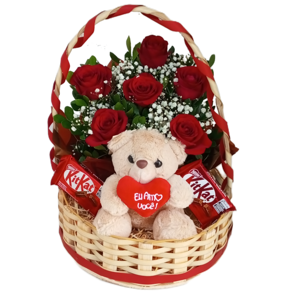 Cesto Premium 6 Rosas KitKat+Pelúcia 